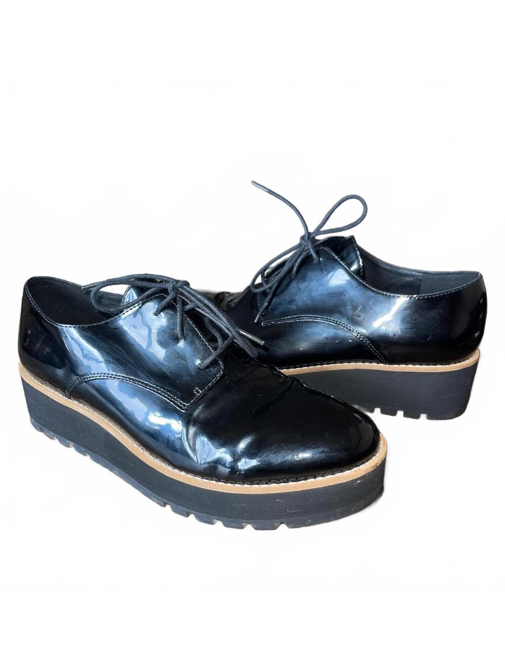 Eileen Fisher Eddy Platform Oxfords 8 Black Patent Leather Chunky Lace Up